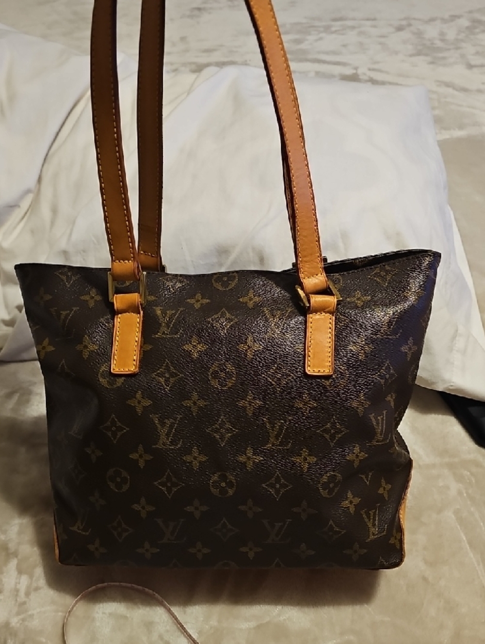 Authentic Louis Vuitton Monogram Canvas Shoulder Bag with Tan Leather Handles